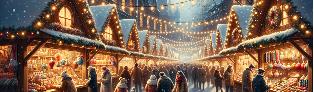 Darstellung eines deutschen Weihnachtsmarktes an einem verschneiten Abend. Familien schlendern zwischen mit festlichen Lichtern geschmückten Holzständen umher und kaufen Handarbeiten