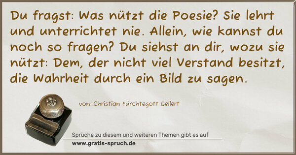 Spruch Visualisierung: Du fragst: Was nützt die Poesie?
Sie lehrt und unterrichtet nie.
Allein, wie kannst du noch so fragen?
Du siehst an dir, wozu sie nützt:
Dem, der nicht viel Verstand besitzt,
die Wahrheit durch ein Bild zu sagen.