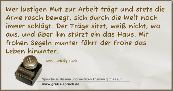 Spruch Visualisierung: Wer lustigen Mut zur Arbeit trägt
und stets die Arme rasch bewegt,
sich durch die Welt noch immer schlägt.
Der Träge sitzt, weiß nicht, wo aus,
und über ihn stürzt ein das Haus.
Mit frohen Segeln munter
fährt der Frohe das Leben hinunter.