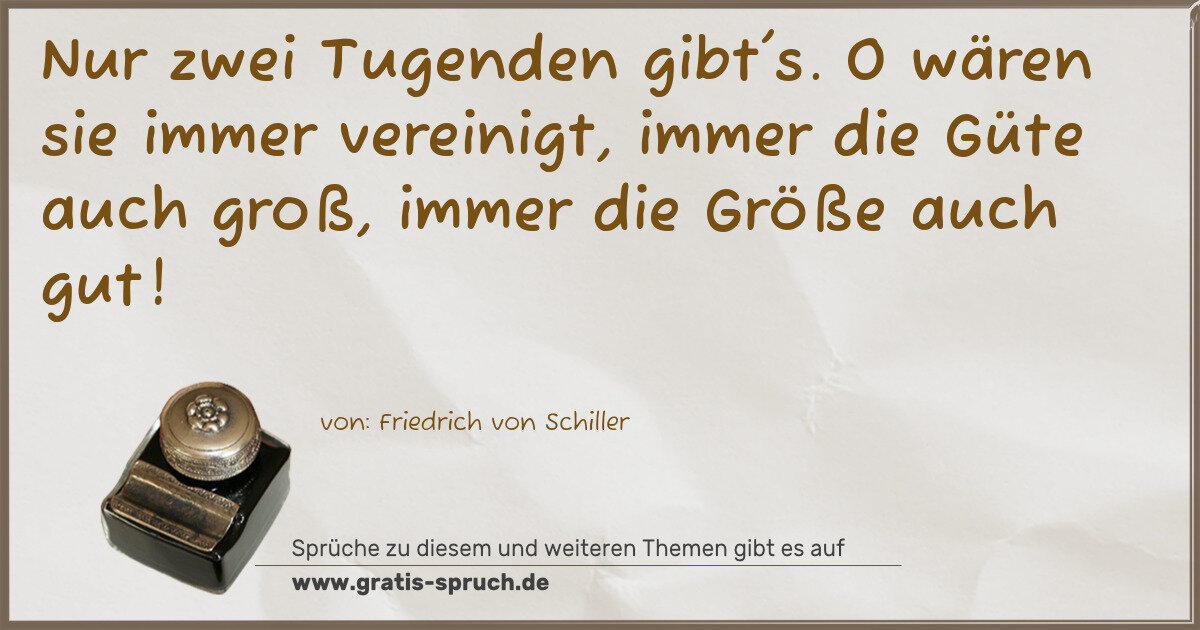 Spruchbild: Nur zwei Tugenden gibt's. O wären sie immer vereinigt, immer die Güte auch groß, immer die …