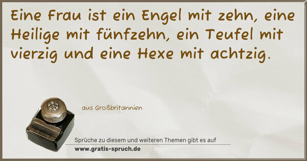 Spruch Visualisierung: Eine Frau ist ein Engel mit zehn,
eine Heilige mit fünfzehn,
ein Teufel mit vierzig
und eine Hexe mit achtzig.