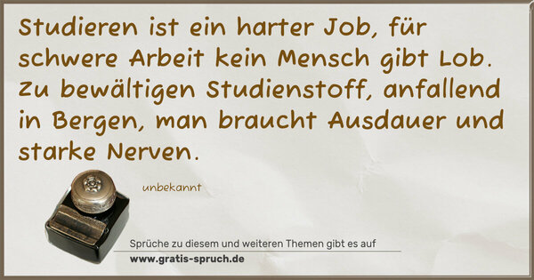 Spruch Visualisierung: Studieren ist ein harter Job,
für schwere Arbeit kein Mensch gibt Lob.
Zu bewältigen Studienstoff, anfallend in Bergen,
man braucht Ausdauer und starke Nerven.