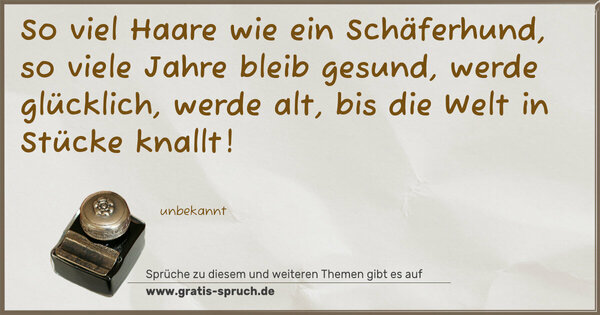 Spruch Visualisierung: So viel Haare wie ein Schäferhund,
so viele Jahre bleib gesund,
werde glücklich, werde alt,
bis die Welt in Stücke knallt!