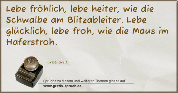 Spruch Visualisierung: Lebe fröhlich, lebe heiter,
wie die Schwalbe am Blitzableiter.
Lebe glücklich, lebe froh,
wie die Maus im Haferstroh.