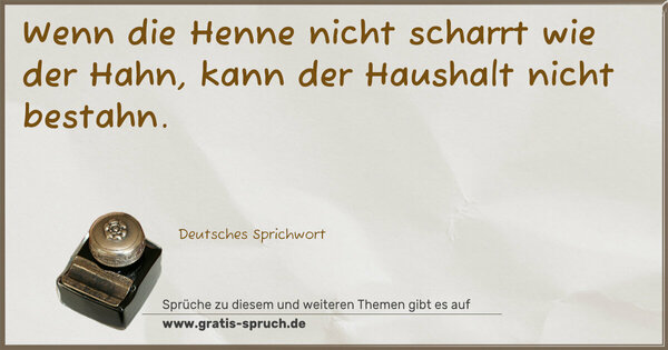 Spruch Visualisierung: Wenn die Henne nicht scharrt wie der Hahn,
kann der Haushalt nicht bestahn.