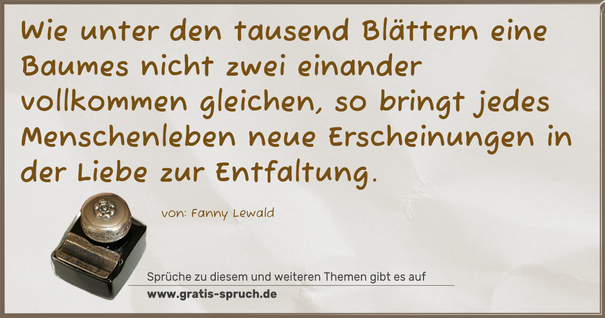 Spruchbild: Wie unter den tausend Blättern eine Baumes nicht zwei einander vollkommen gleichen, so bri …