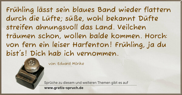 Spruch Visualisierung: Frühling lässt sein blaues Band
wieder flattern durch die Lüfte;
süße, wohl bekannt Düfte
streifen ahnungsvoll das Land.
Veilchen träumen schon,
wollen balde kommen.
Horch: von fern ein leiser Harfenton!
Frühling, ja du bist's!
Dich hab ich vernommen.