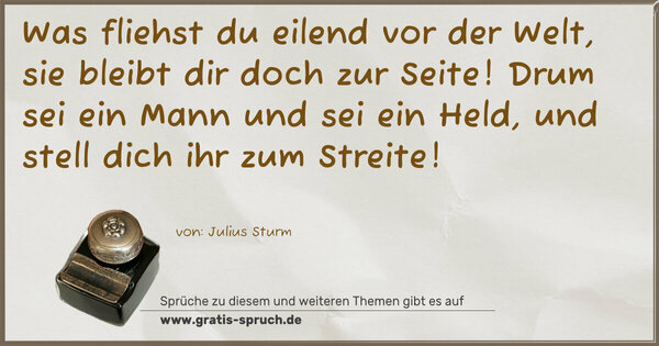 Spruch Visualisierung: Was fliehst du eilend vor der Welt,
sie bleibt dir doch zur Seite!
Drum sei ein Mann und sei ein Held,
und stell dich ihr zum Streite!