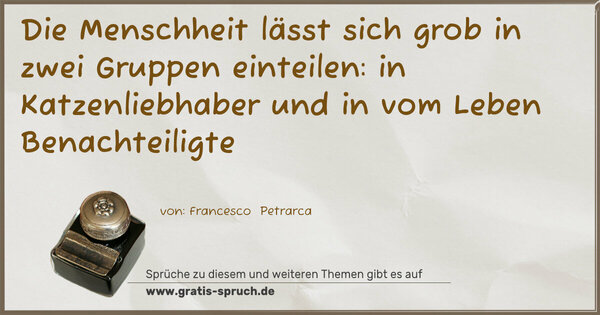 Spruch Visualisierung: Die Menschheit lässt sich grob in zwei Gruppen einteilen:
in Katzenliebhaber und in vom Leben Benachteiligte
