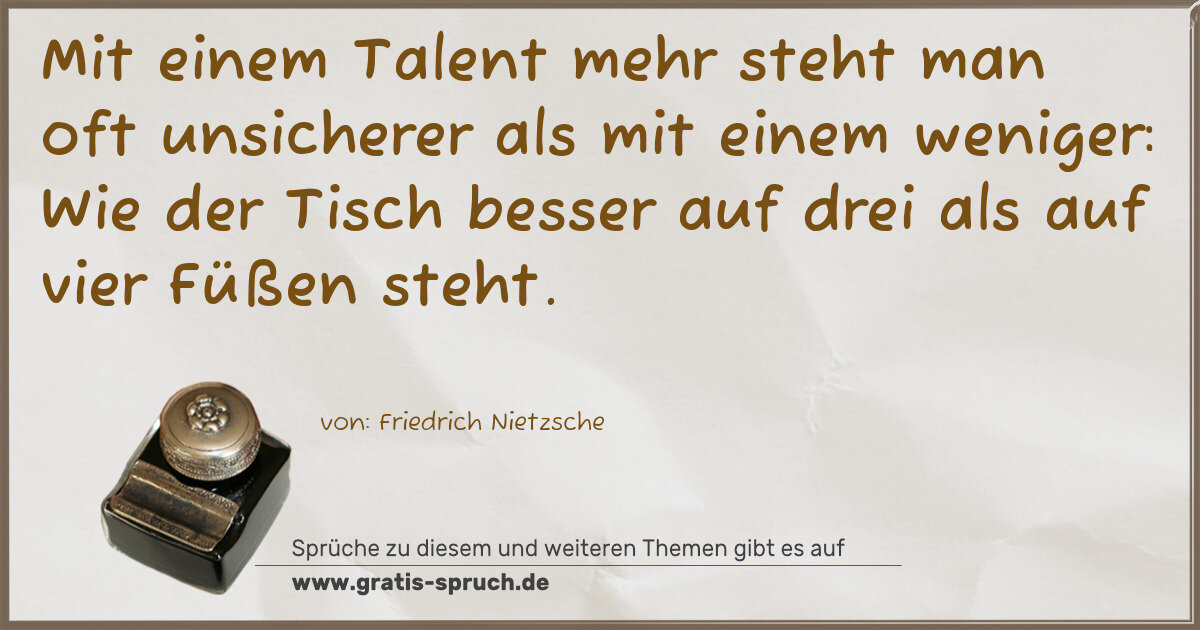Spruchbild: Mit einem Talent mehr steht man oft unsicherer als mit einem weniger: Wie der Tisch besser …