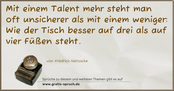 Spruch Visualisierung: Mit einem Talent mehr steht man oft unsicherer
als mit einem weniger:
Wie der Tisch besser auf drei als auf vier Füßen steht.