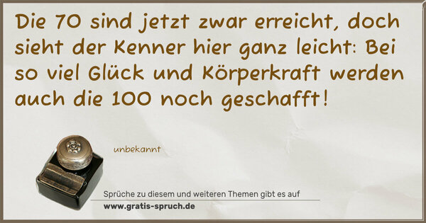 Spruch Visualisierung: Die 70 sind jetzt zwar erreicht,
doch sieht der Kenner hier ganz leicht:
Bei so viel Glück und Körperkraft
werden auch die 100 noch geschafft!