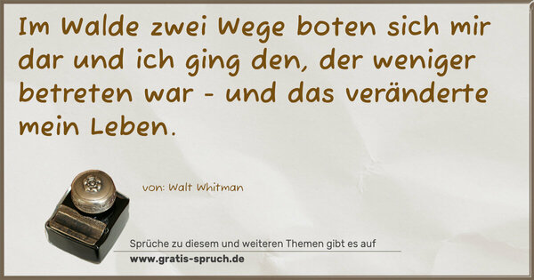 Spruch Visualisierung: Im Walde zwei Wege boten sich mir dar und ich ging den,
der weniger betreten war - und das veränderte mein Leben.