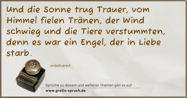 Spruch Visualisierung: Und die Sonne trug Trauer, vom Himmel fielen Tränen,
der Wind schwieg und die Tiere verstummten,
denn es war ein Engel, der in Liebe starb.