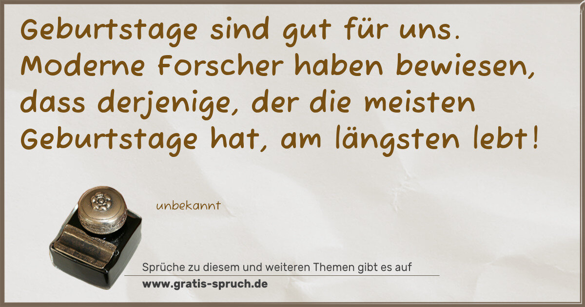 Spruchbild: Geburtstage sind gut für uns. Moderne Forscher haben bewiesen, dass derjenige, der die m …