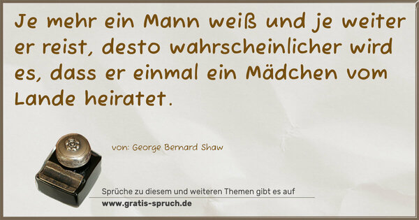 Spruch Visualisierung: Je mehr ein Mann weiß und je weiter er reist,
desto wahrscheinlicher wird es,
dass er einmal ein Mädchen vom Lande heiratet. 