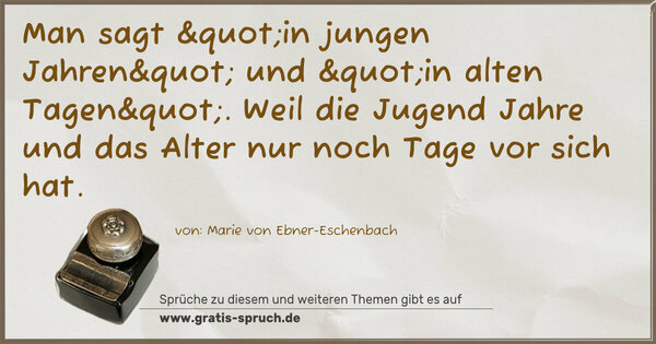 Spruch Visualisierung: Man sagt "in jungen Jahren" und "in alten Tagen".
Weil die Jugend Jahre
und das Alter nur noch Tage vor sich hat.