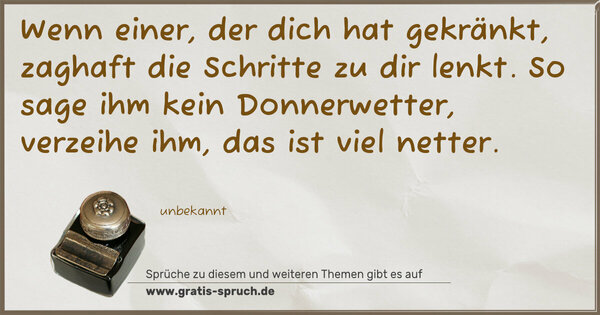 Spruch Visualisierung: Wenn einer, der dich hat gekränkt,
zaghaft die Schritte zu dir lenkt.
So sage ihm kein Donnerwetter,
verzeihe ihm, das ist viel netter.