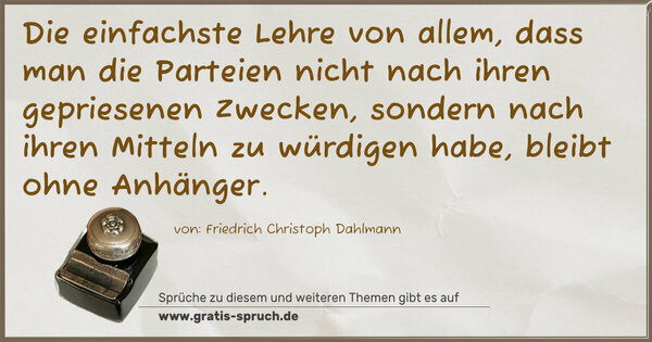 Spruch Visualisierung: Die einfachste Lehre von allem, dass man die Parteien nicht nach ihren gepriesenen Zwecken, sondern nach ihren Mitteln zu würdigen habe, bleibt ohne Anhänger.
