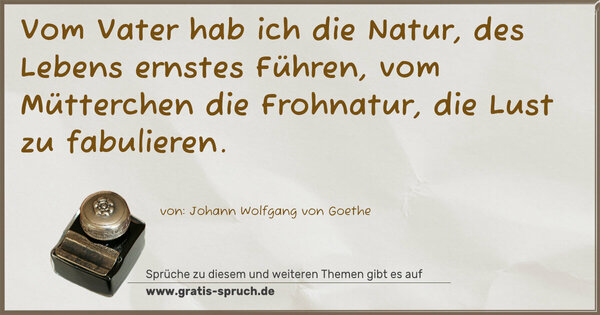 Spruch Visualisierung: Vom Vater hab ich die Natur,
des Lebens ernstes Führen,
vom Mütterchen die Frohnatur,
die Lust zu fabulieren.