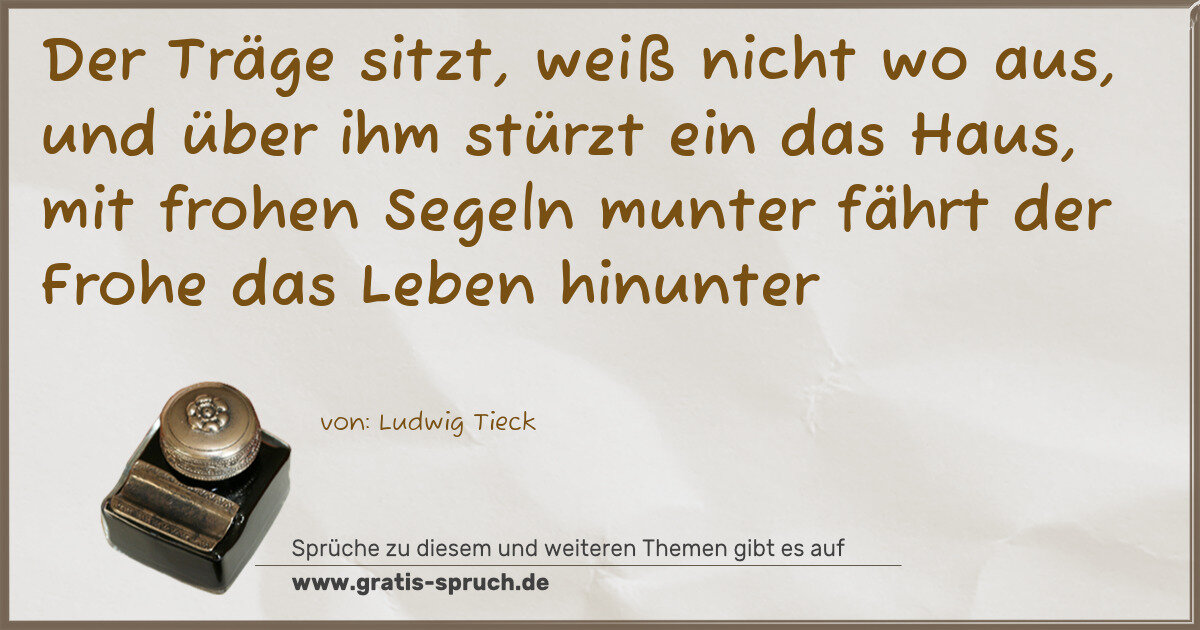 Spruchbild: Der Träge sitzt, weiß nicht wo aus, und über ihm stürzt ein das Haus, mit frohen Segeln mu …