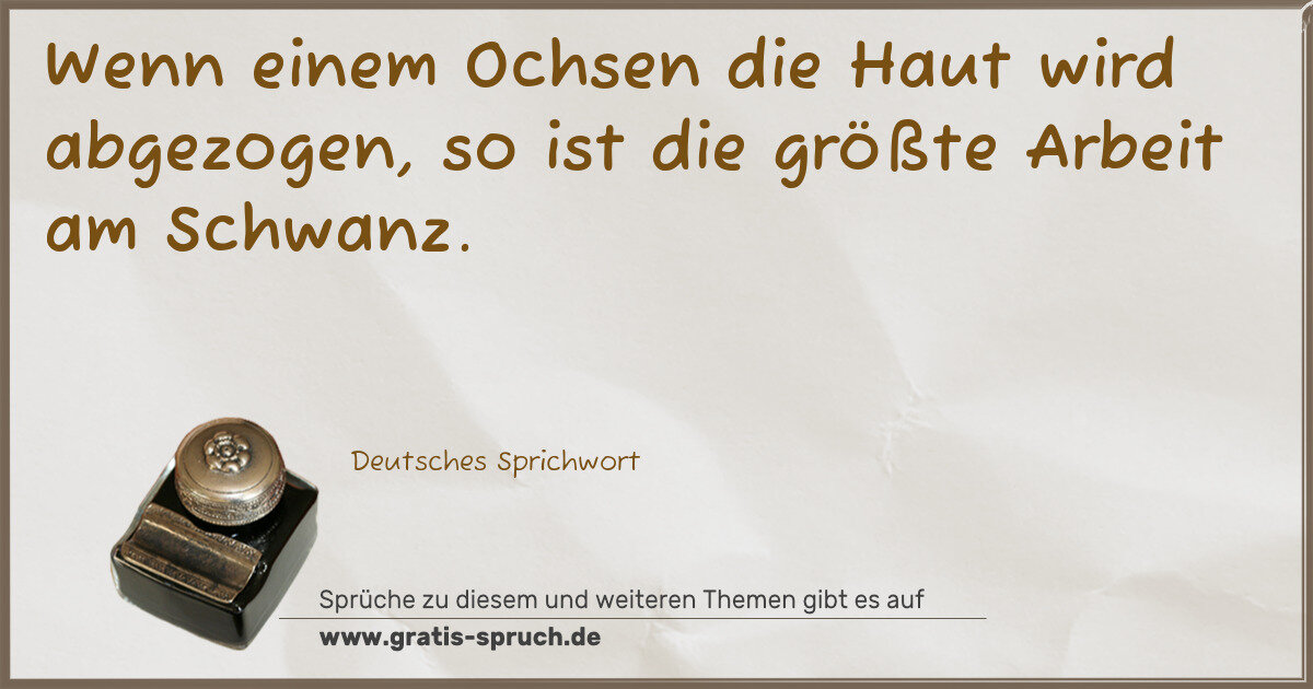 Spruchbild: Wenn einem Ochsen die Haut wird abgezogen, so ist die größte Arbeit am Schwanz.