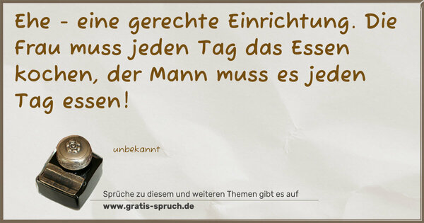 Spruch Visualisierung: Ehe - eine gerechte Einrichtung.
Die Frau muss jeden Tag das Essen kochen,
der Mann muss es jeden Tag essen!