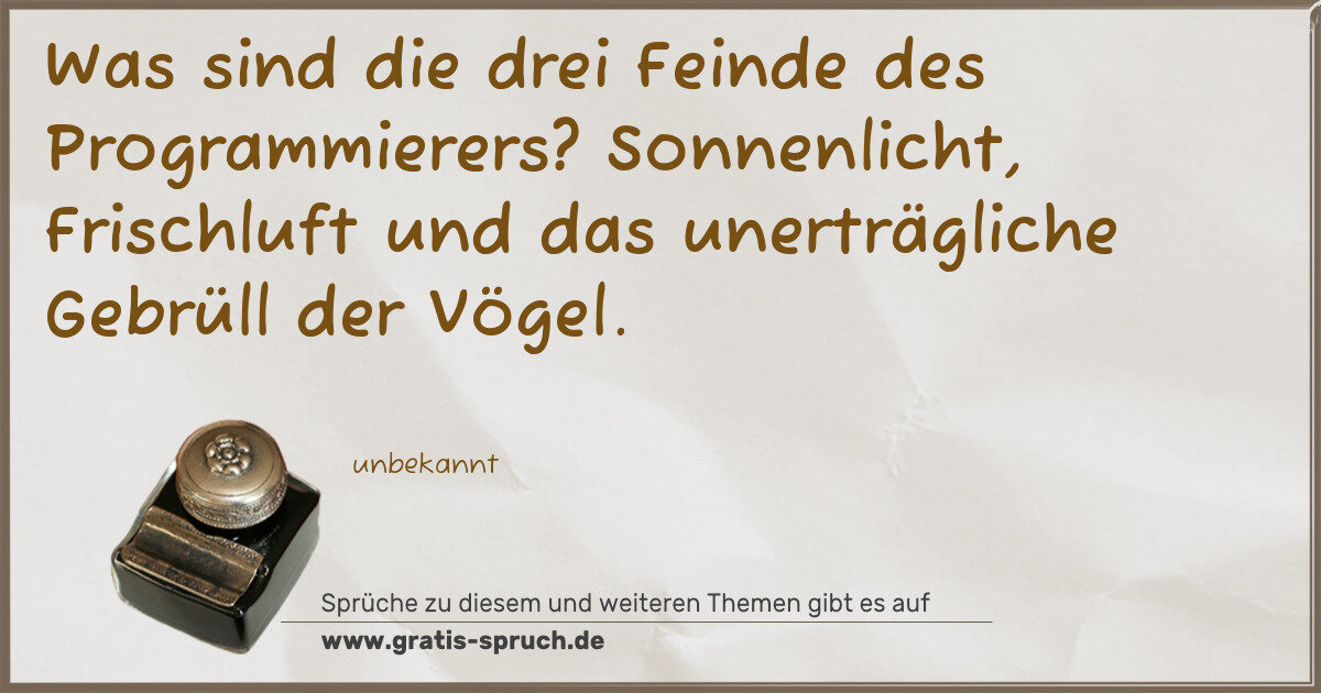Spruchbild: Was sind die drei Feinde des Programmierers? Sonnenlicht, Frischluft und das unerträglich …