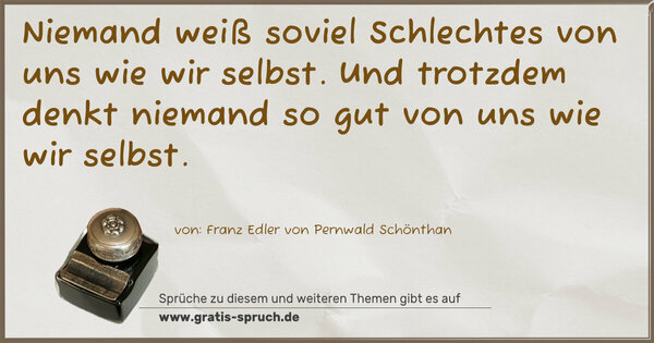 Spruch Visualisierung: Niemand weiß soviel Schlechtes von uns wie wir selbst.
Und trotzdem denkt niemand so gut von uns wie wir selbst.