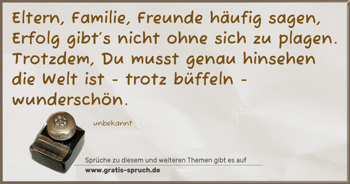 Spruchbild: Eltern, Familie, Freunde häufig sagen, Erfolg gibt’s nicht ohne sich zu plagen. Trotzdem, …