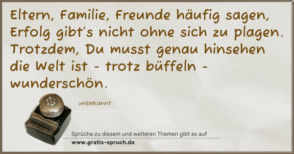 Spruch Visualisierung: Eltern, Familie, Freunde häufig sagen,
Erfolg gibt’s nicht ohne sich zu plagen.
Trotzdem, Du musst genau hinsehen
die Welt ist - trotz büffeln - wunderschön.