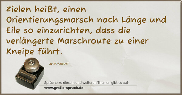 Spruch Visualisierung: Zielen heißt,
einen Orientierungsmarsch nach Länge und Eile so einzurichten, dass die verlängerte Marschroute zu einer Kneipe führt.