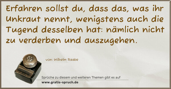 Spruch Visualisierung: Erfahren sollst du, dass das, was ihr Unkraut nennt, wenigstens auch die Tugend desselben hat: nämlich nicht zu verderben und auszugehen. 