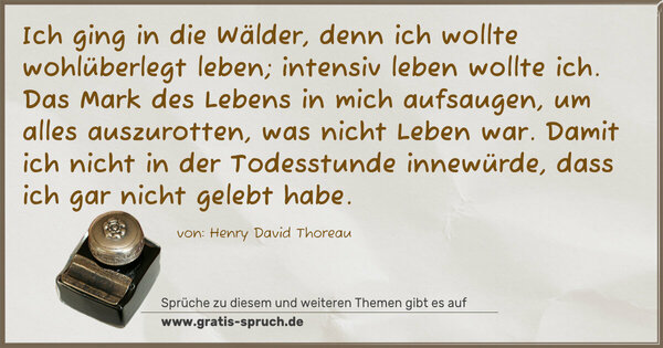 Spruch Visualisierung: Ich ging in die Wälder, denn ich wollte wohlüberlegt leben;
intensiv leben wollte ich. Das Mark des Lebens in mich aufsaugen, um alles auszurotten, was nicht Leben war.
Damit ich nicht in der Todesstunde innewürde, dass ich gar nicht gelebt habe.