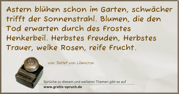 Spruch Visualisierung: Astern blühen schon im Garten,
schwächer trifft der Sonnenstrahl.
Blumen, die den Tod erwarten
durch des Frostes Henkerbeil.
Herbstes Freuden, Herbstes Trauer,
welke Rosen, reife Frucht. 