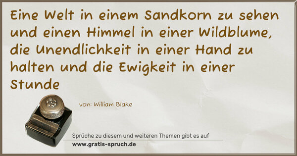 Spruch Visualisierung: Eine Welt in einem Sandkorn zu sehen
und einen Himmel in einer Wildblume,
die Unendlichkeit in einer Hand zu halten
und die Ewigkeit in einer Stunde