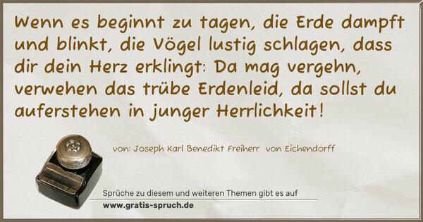 Spruch Visualisierung: Wenn es beginnt zu tagen, die Erde dampft und blinkt,
die Vögel lustig schlagen, dass dir dein Herz erklingt:
Da mag vergehn, verwehen das trübe Erdenleid,
da sollst du auferstehen in junger Herrlichkeit!