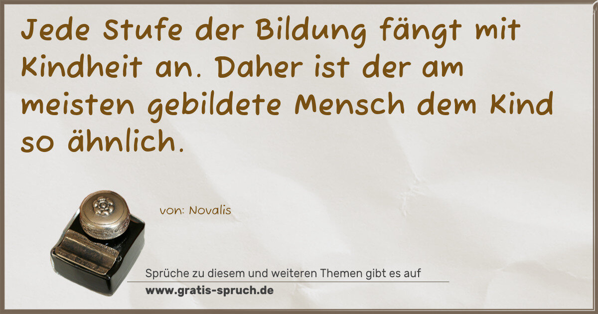 Spruchbild: Jede Stufe der Bildung fängt mit Kindheit an. Daher ist der am meisten gebildete Mensch d …