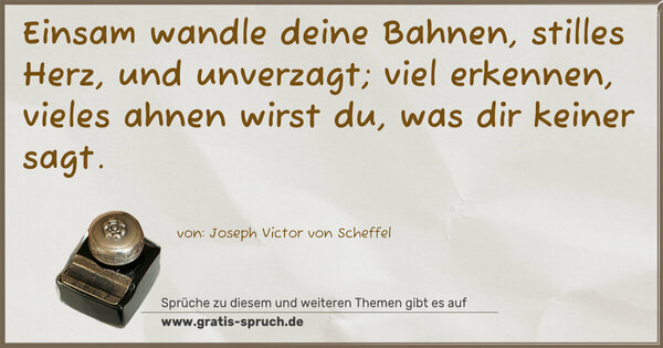 Spruch Visualisierung: Einsam wandle deine Bahnen,
stilles Herz, und unverzagt;
viel erkennen, vieles ahnen wirst du,
was dir keiner sagt.