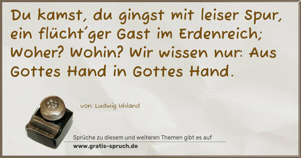 Spruch Visualisierung: Du kamst, du gingst mit leiser Spur,
ein flücht'ger Gast im Erdenreich;
Woher? Wohin? Wir wissen nur:
Aus Gottes Hand in Gottes Hand.