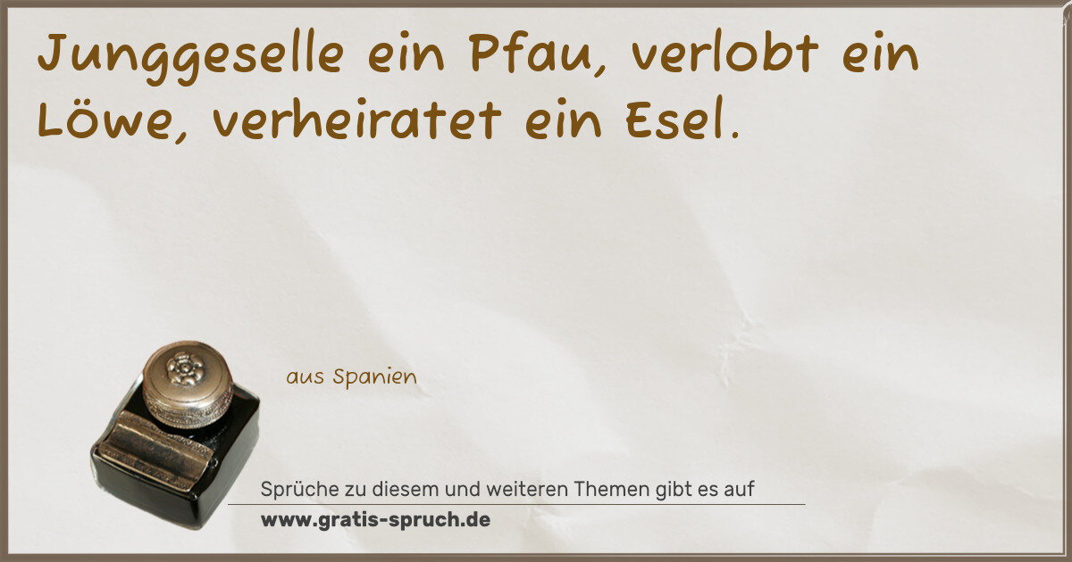 Spruchbild: Junggeselle ein Pfau, verlobt ein Löwe, verheiratet ein Esel.