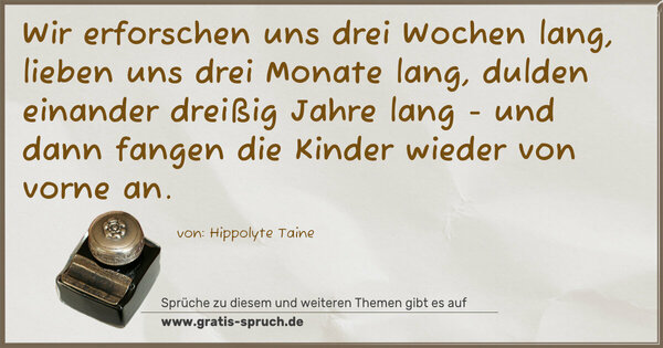 Spruch Visualisierung: Wir erforschen uns drei Wochen lang,
lieben uns drei Monate lang,
dulden einander dreißig Jahre lang -
und dann fangen die Kinder wieder von vorne an.