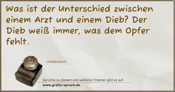 Spruch Visualisierung: Was ist der Unterschied zwischen einem Arzt und einem Dieb?
Der Dieb weiß immer, was dem Opfer fehlt.