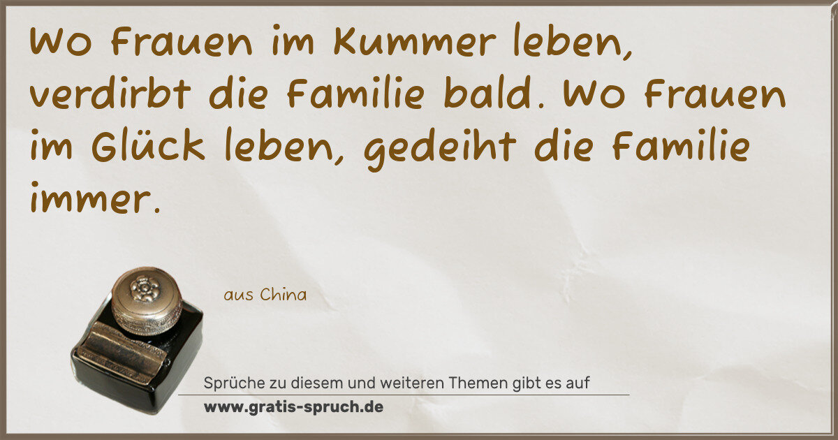 Spruchbild: Wo Frauen im Kummer leben, verdirbt die Familie bald. Wo Frauen im Glück leben, gedeiht d …