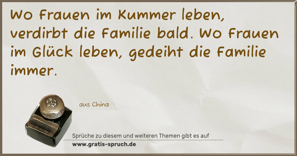 Spruch Visualisierung: Wo Frauen im Kummer leben, verdirbt die Familie bald.
Wo Frauen im Glück leben, gedeiht die Familie immer.