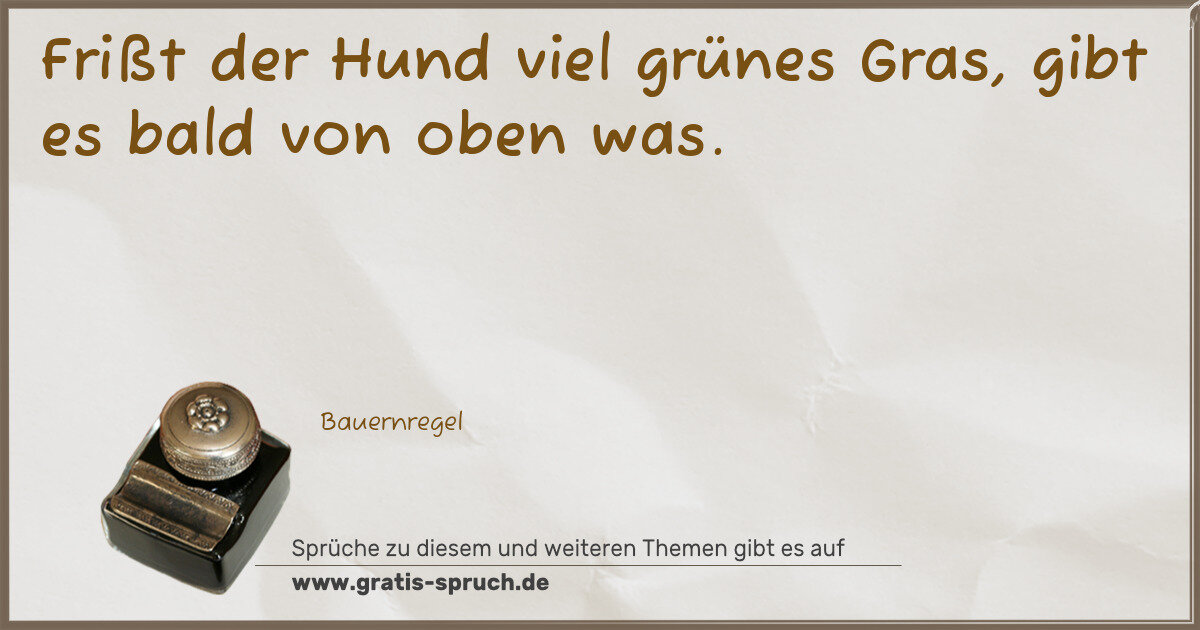 Spruchbild: Frißt der Hund viel grünes Gras, gibt es bald von oben was.