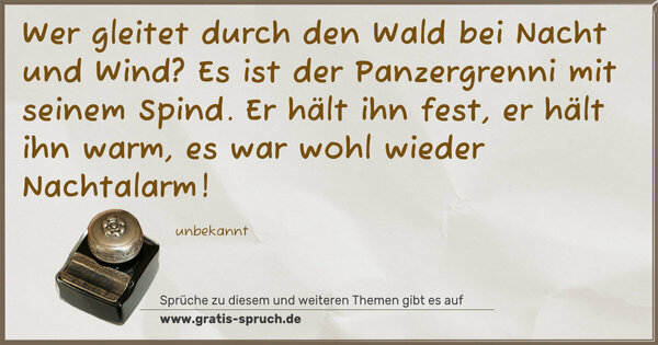 Spruch Visualisierung: Wer gleitet durch den Wald bei Nacht und Wind?
Es ist der Panzergrenni mit seinem Spind.
Er hält ihn fest, er hält ihn warm,
es war wohl wieder Nachtalarm!