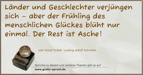 Spruch Visualisierung: Länder und Geschlechter verjüngen sich –
aber der Frühling des menschlichen Glückes blüht nur einmal. Der Rest ist Asche!