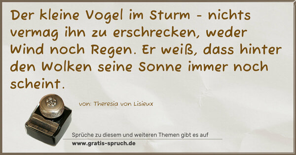 Spruch Visualisierung: Der kleine Vogel im Sturm -
nichts vermag ihn zu erschrecken,
weder Wind noch Regen.
Er weiß, dass hinter den Wolken
seine Sonne immer noch scheint.