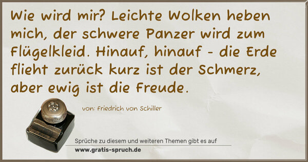 Spruch Visualisierung: Wie wird mir?
Leichte Wolken heben mich,
der schwere Panzer wird zum Flügelkleid.
Hinauf, hinauf - die Erde flieht zurück
kurz ist der Schmerz, aber ewig ist die Freude.